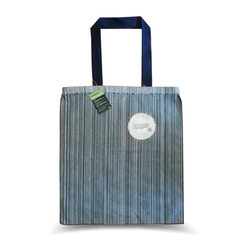 Denim bag with black and gray vertical stripes