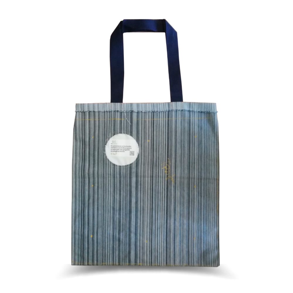 Denim bag with black and gray vertical stripes