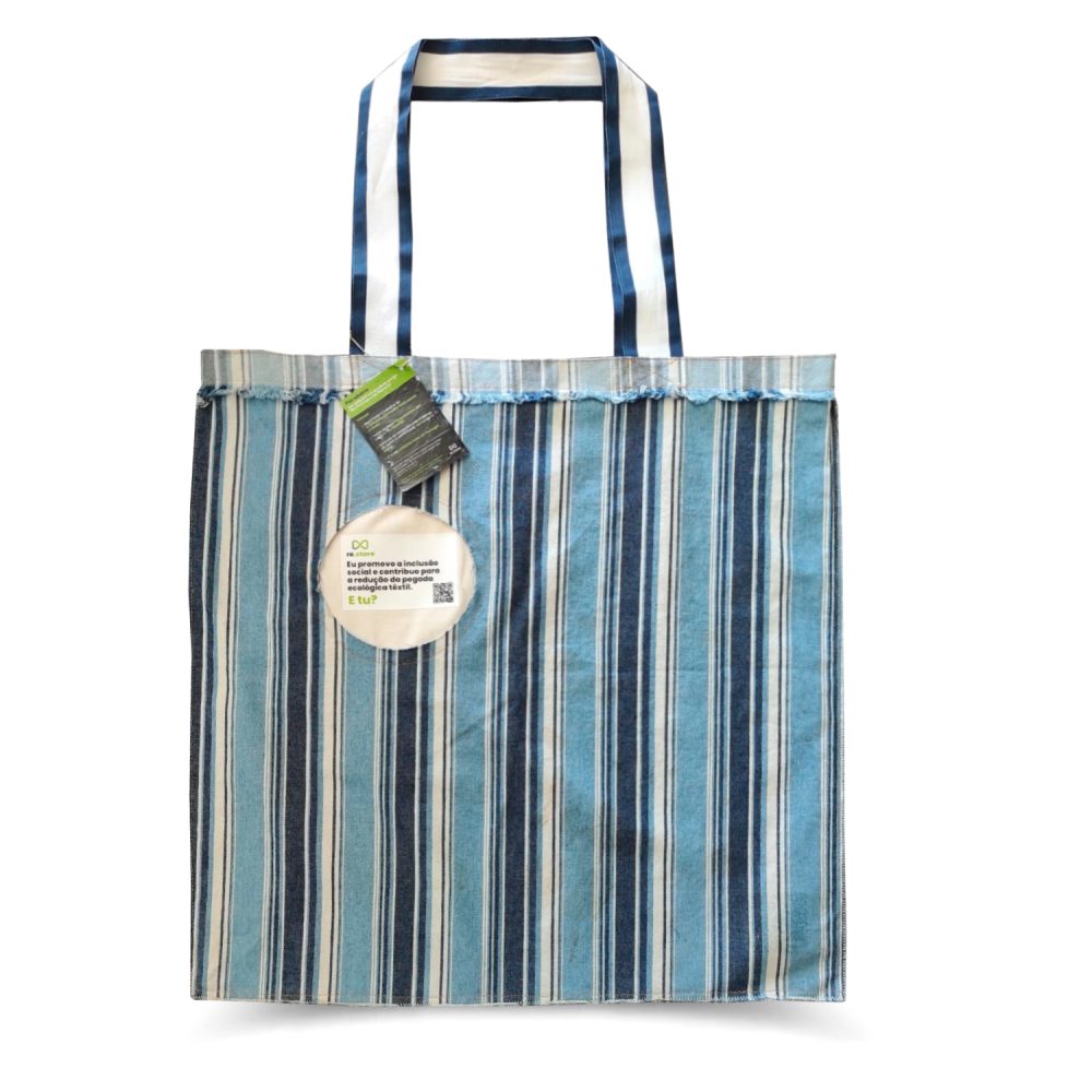 Denim bag with dark blue, light and white stripes