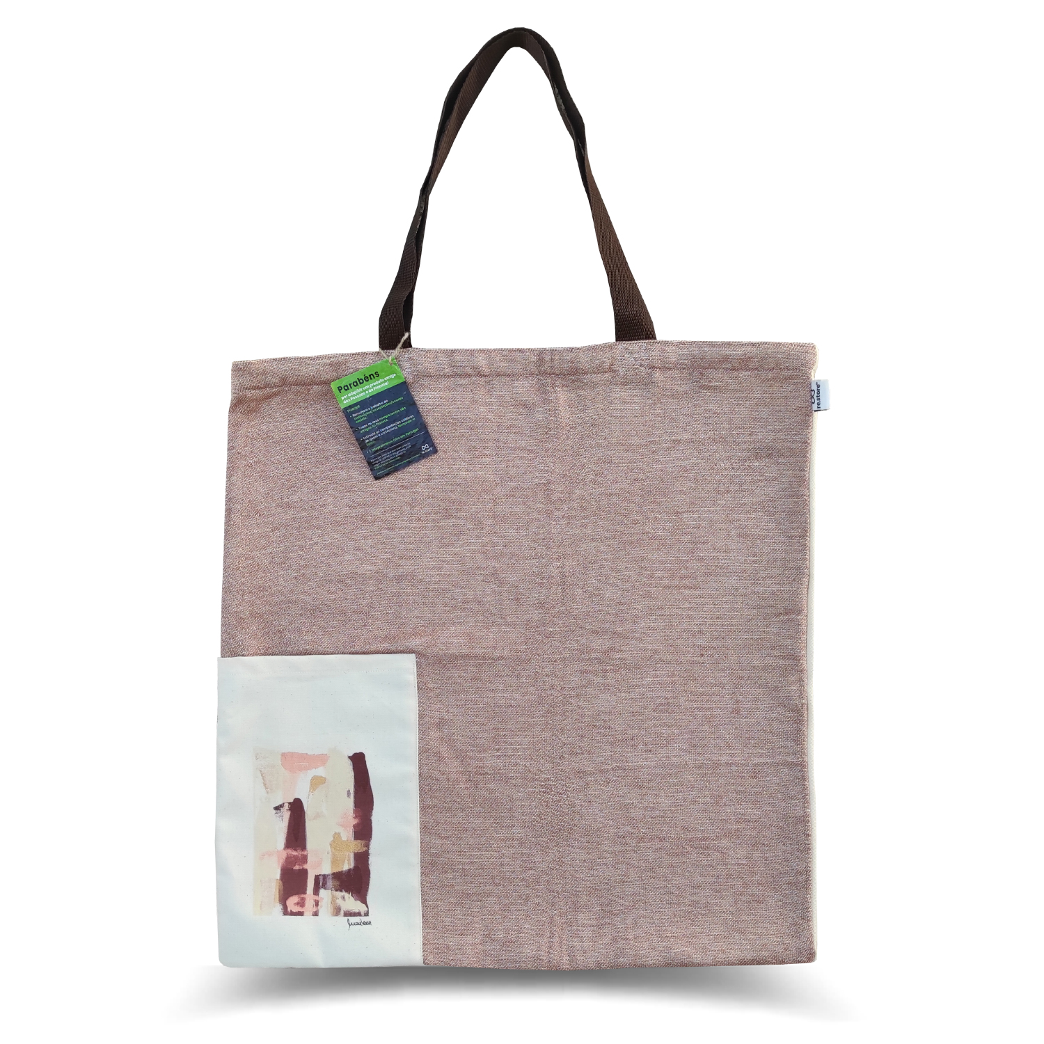 Saco de compras em tecido jaquard vermelho à frente com bolso exterior pintado à mão e verso em sarja crua